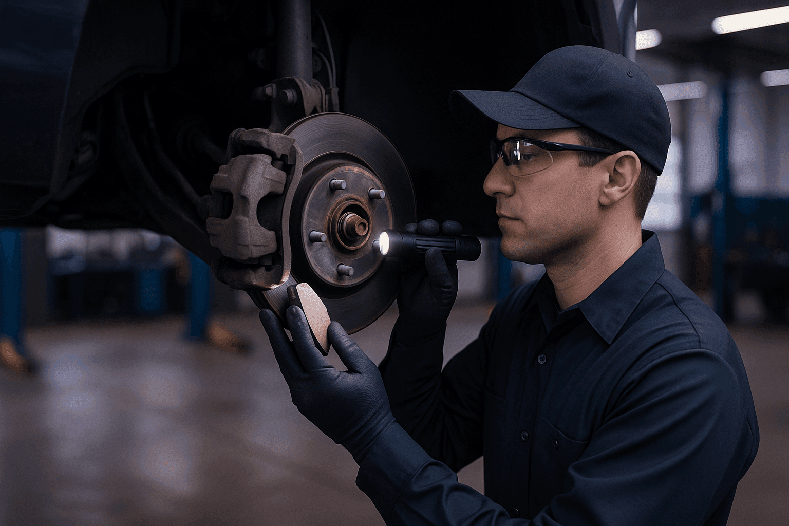 Technician checking car brake pads in workshop
