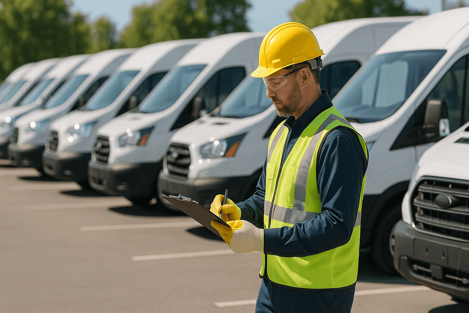 Fleet manager inspecting multiple company vehicles in parking lot