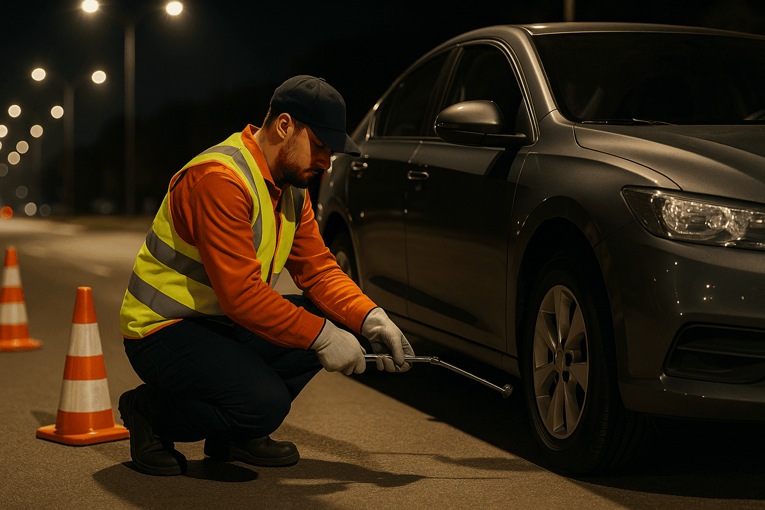 Roadside technician assisting driver with a flat tire at night