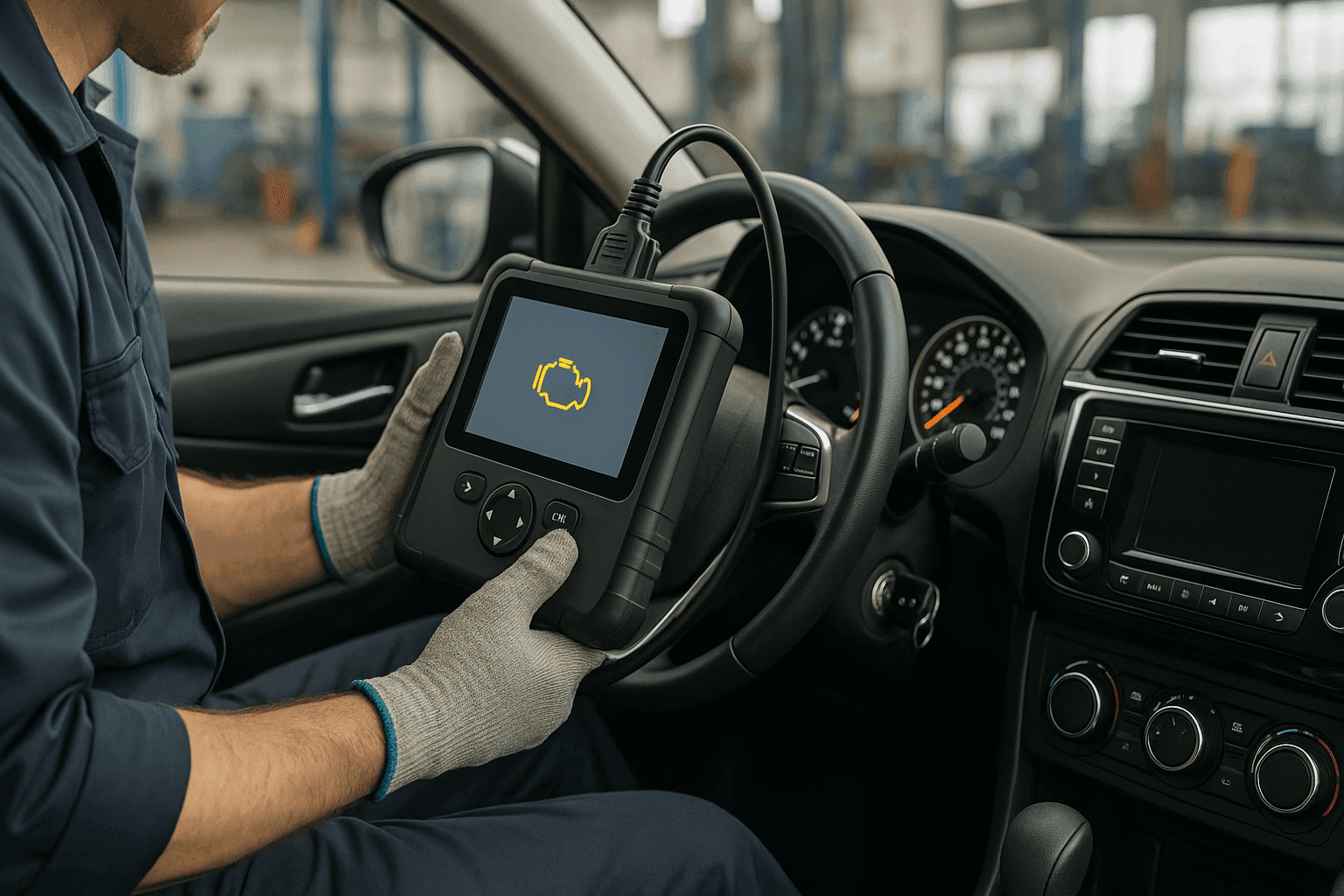 Mechanic scanning check engine light codes with diagnostic tool