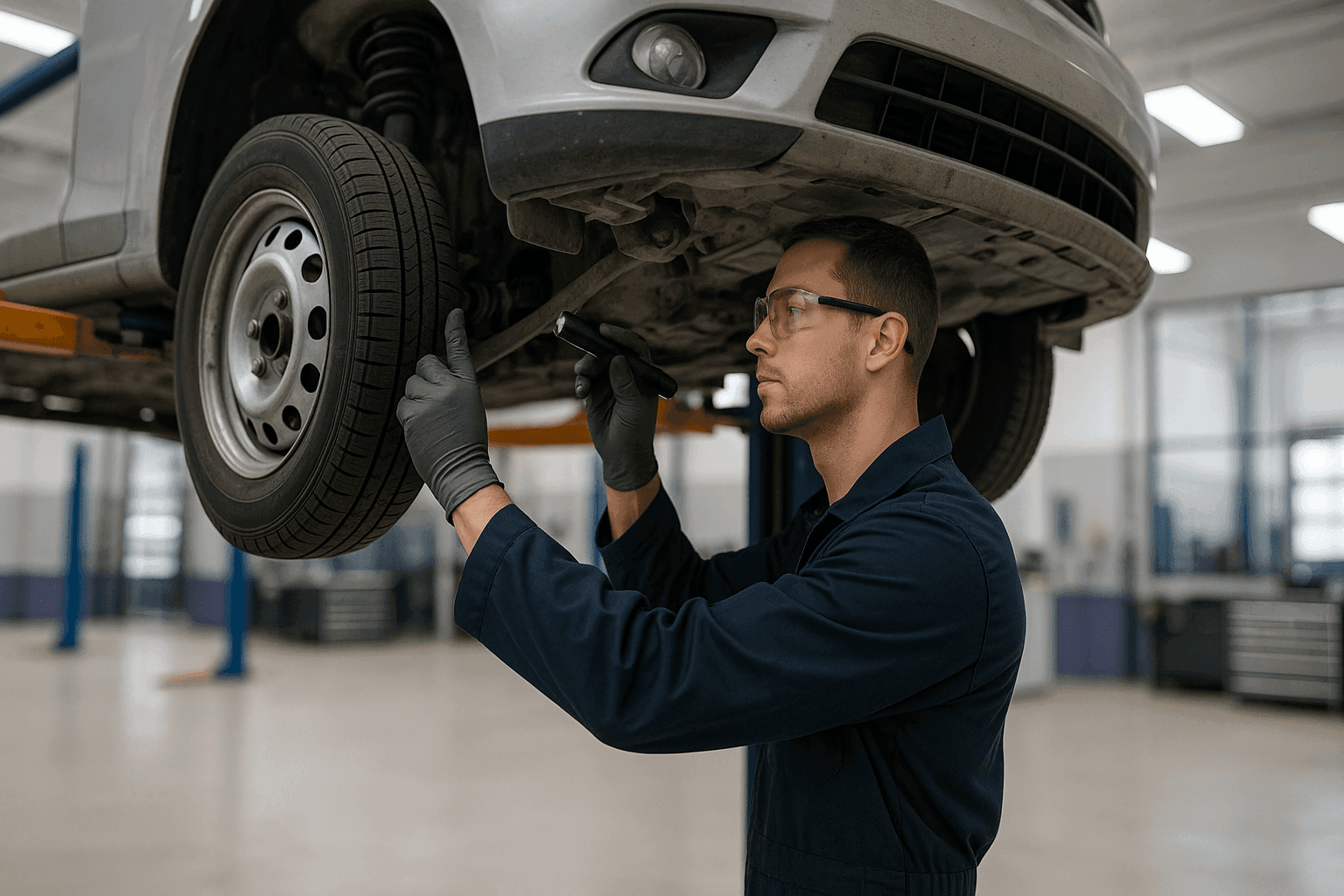Technician inspecting car suspension components in a clean auto repair shop