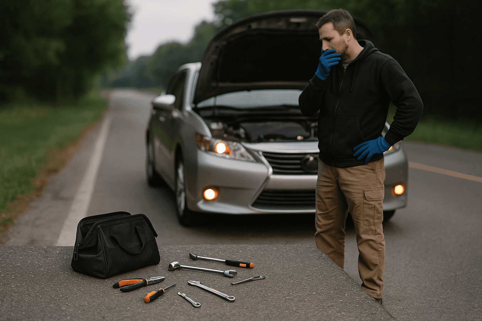 Driver waiting safely beside a broken-down car with hazard lights on
