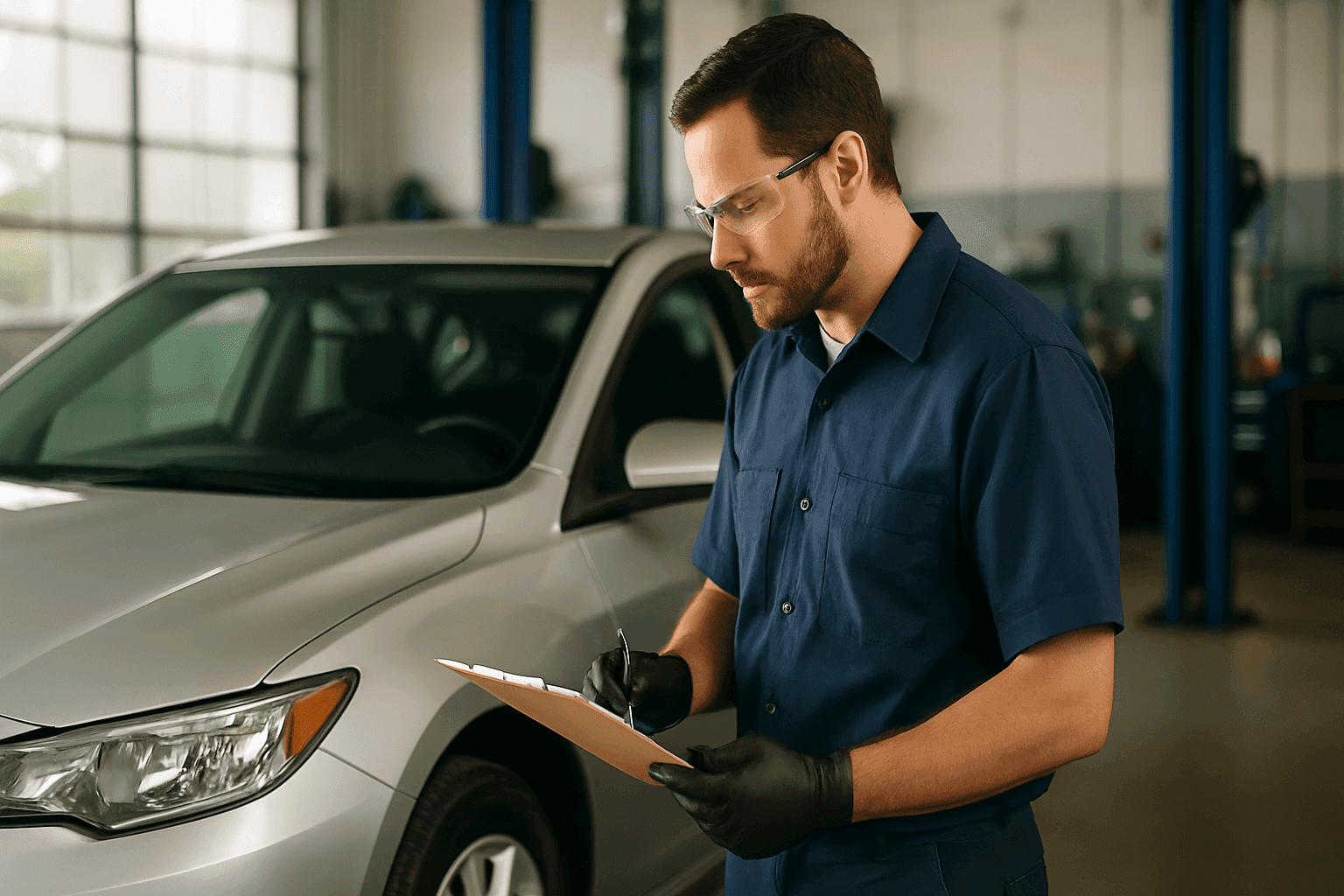 Mechanic performing pre-purchase inspection on used car