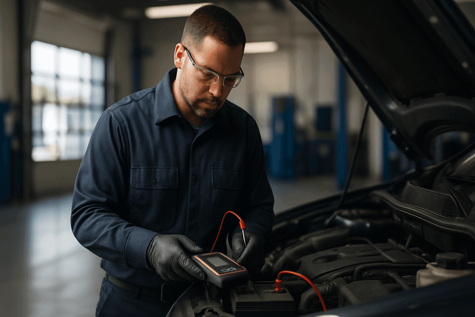 Technician testing car battery with diagnostic tool
