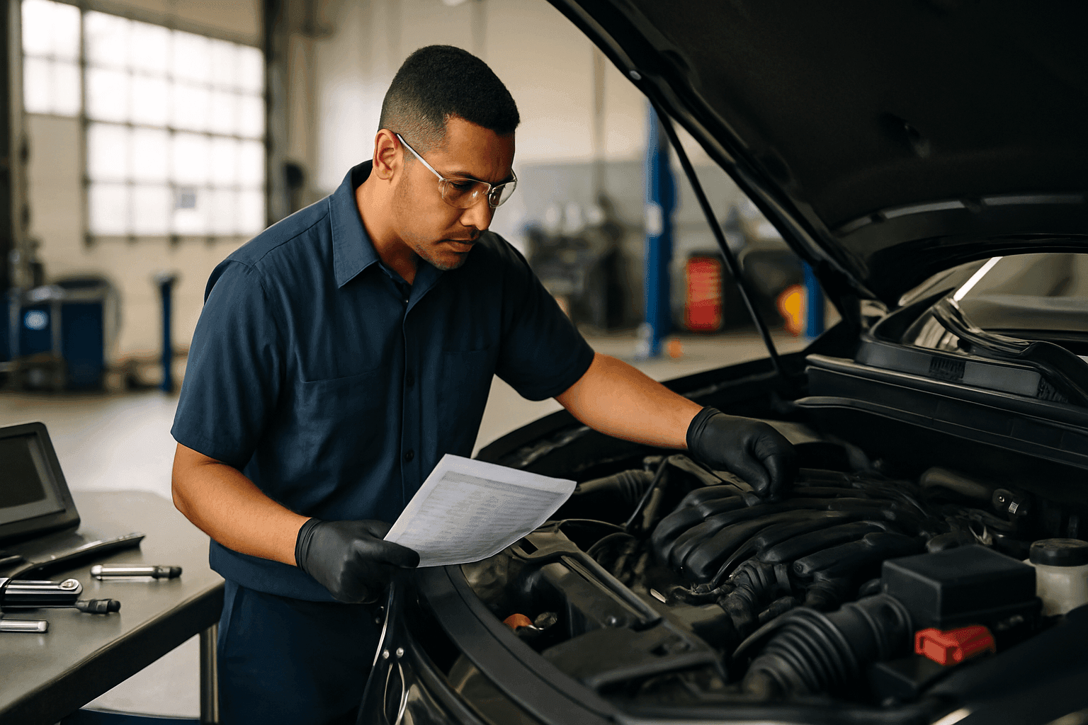 Technician performing seasonal car maintenance with checklist
